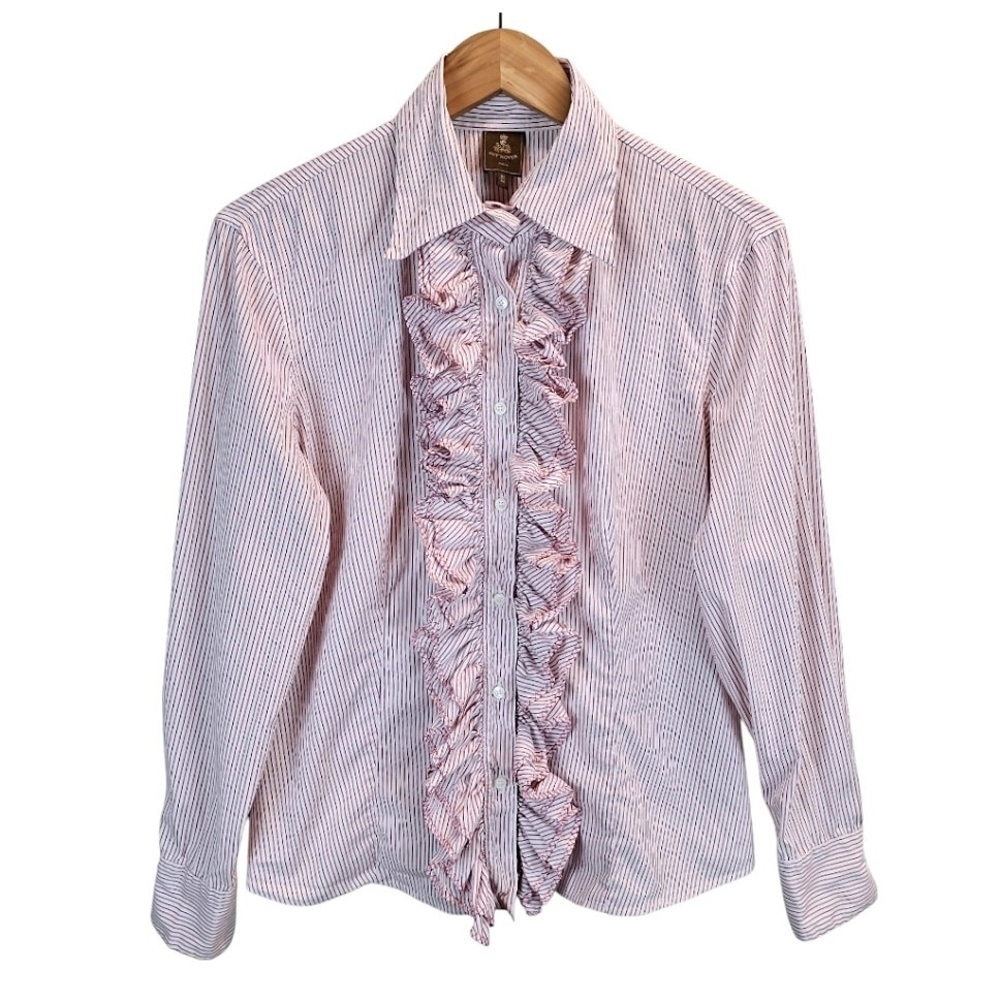 Guy Rover Womens Cotton Blend Striped Ruffle Front Shirt Medium Made In Italy